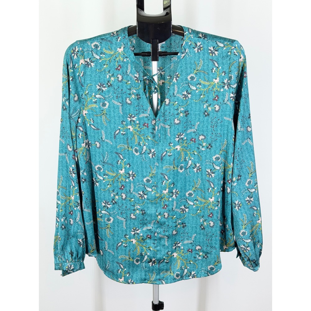 Liz Claiborne Teal Floral Chevron Split Tie Neck Blouse Large